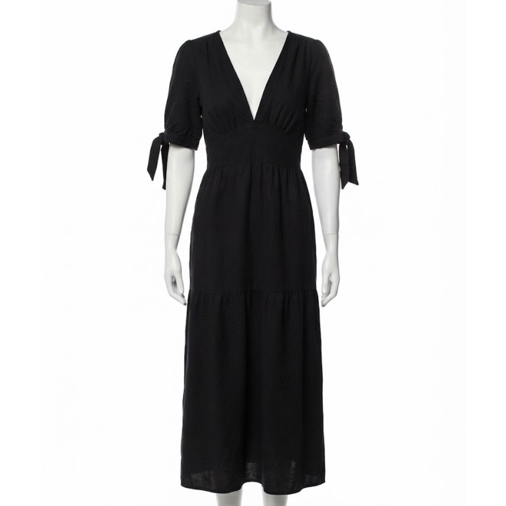 La Piccola Creativa Black V-Neck Tie Sleeve Tiered Midi Dress Made in Italy L